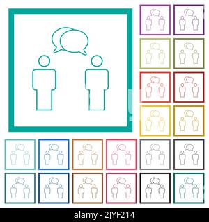 Two talking persons with oval bubbles outline flat color icons with quadrant frames on white background Stock Vector