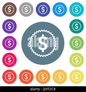 American dollar sticker alternate flat white icons on round color backgrounds. 17 background color variations are included. Stock Vector