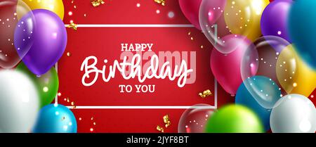 Birthday greeting vector template design. Happy birthday text in red space with floating balloons and frame decoration elements for birth day party. Stock Vector