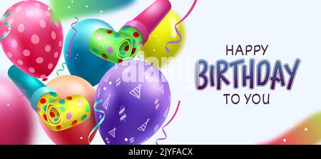 Birthday celebration vector design. Happy birthday greeting text with balloons, party whistle and confetti elements for colorful kids birth day. Stock Vector