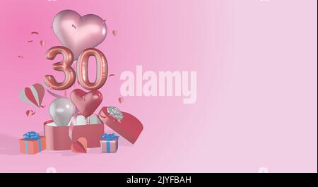 30th birthday illustration background thirtieth anniversary backgrounds banners with numerals number balloons heart balloons and copy space for text Stock Photo