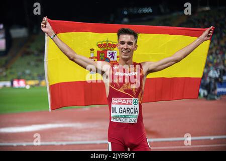 Mario García Romo with her country's flag at the European Athletics Championships in Munich 2022. Stock Photo