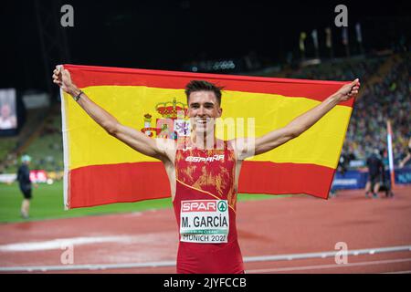 Mario García Romo with her country's flag at the European Athletics Championships in Munich 2022. Stock Photo