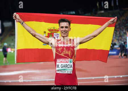 Mario García Romo with her country's flag at the European Athletics Championships in Munich 2022. Stock Photo