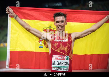 Mario García Romo with her country's flag at the European Athletics Championships in Munich 2022. Stock Photo