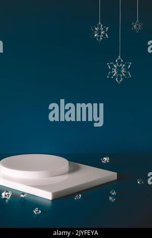 white podium and Christmas snowflakes on blue background Stock Photo