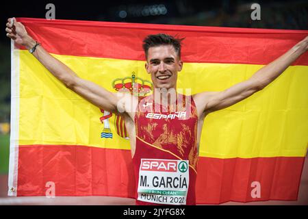 Mario García Romo with her country's flag at the European Athletics Championships in Munich 2022. Stock Photo