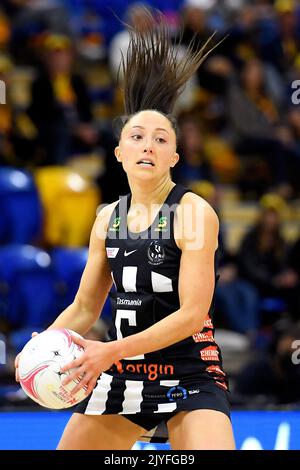 Molly Jovic of the Magpies in action during the Round 6 Super Netball ...