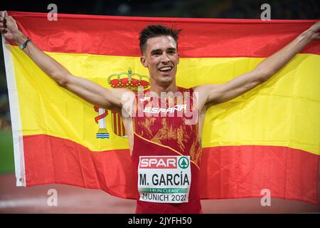 Mario García Romo with her country's flag at the European Athletics Championships in Munich 2022. Stock Photo