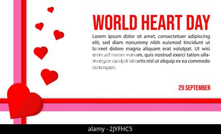 World Heart Day background design with copy space, vector illustration red heart paper cut and ribbon concepts Stock Vector