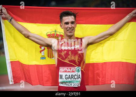 Mario García Romo with her country's flag at the European Athletics Championships in Munich 2022. Stock Photo