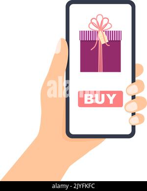 Hand holding phone. Smartphone screen with page buy gift, vector illustration Stock Vector