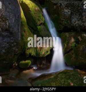 Small waterfall at Myra Falls in Austria, flowing smoothly between moss-covered rocks in a shaded forest setting. Scenic close-up of cascading water a Stock Photo