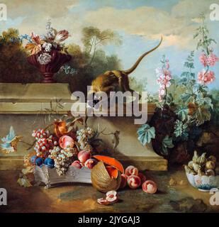 Jean Baptiste Oudry painting, Still Life with Monkey, Fruits, and Flowers, oil on canvas, 1724 Stock Photo