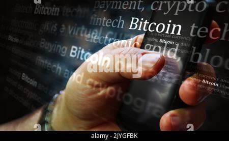 Social media on display with Bitcoin cryptocurrency and blockchain. Searching on tablet, pad, phone or smartphone screen in hand. Abstract concept of Stock Photo