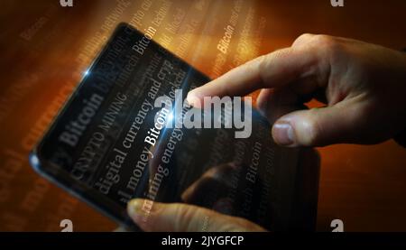 Social media on display with Bitcoin cryptocurrency and blockchain. Searching on tablet, pad, phone or smartphone screen in hand. Abstract concept of Stock Photo