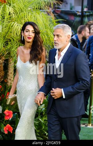Amal Clooney and George Clooney photographed during the Ticket to Paradise World Premiere held at Odeon Luxe Leicester Square , London on Wednesday 7 September 2022 . Picture by Julie Edwards. Stock Photo