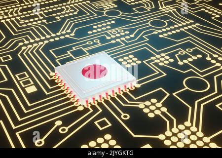 An advanced CPU printed with a flag of Japan on a neon glowing electronic circuit board. The concept of Japan made high-end micro chips. Stock Photo