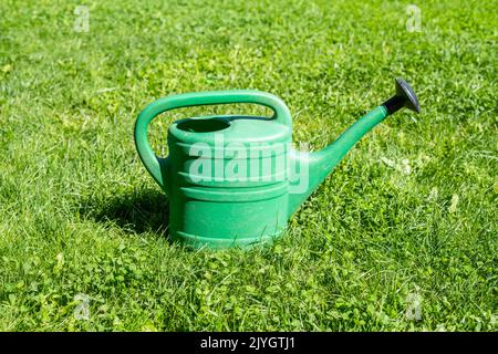 A large green plastic garden watering can in the green grass Stock Photo