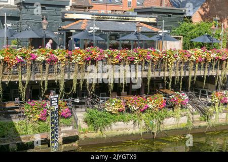 Floering plants in hanging baskets on River Wensum riverside, Compleat Angler pub, Norwich, Norfolk, Englnd, UK Stock Photo