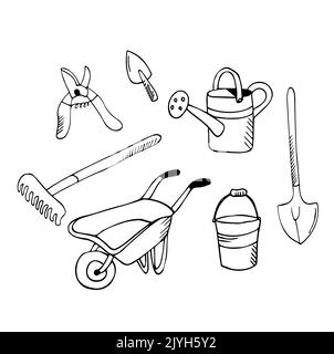 Garden village line cartoon set. Rubber boots, rake and gloves, shovel secateurs. Garden cart, hat watering can, hose. Hand drawn Isolated vector illu Stock Vector