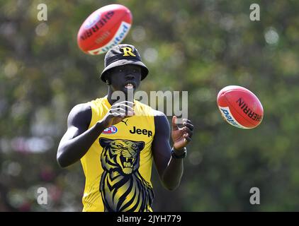 Bigoa Nyuon is seen during Richmond Tigers AFL training at Metricon ...