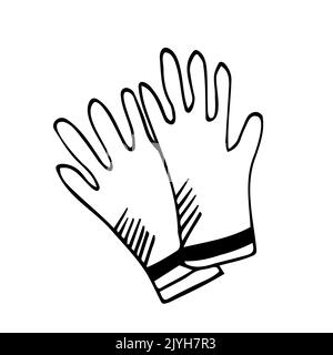 Rubber gloves - vector simple poster with lettering and hand drawn outline drawing in doodle. Tool to protect hands from viruses, dirt, chemicals, for Stock Vector