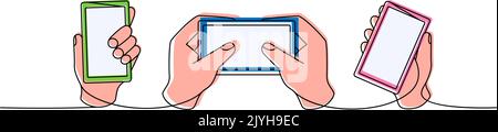 Set of hand holding smartphone one line colored continuous drawing. Hand with phone continuous one line colorful set illustration. Stock Vector
