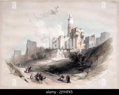 Palestine: 'The Citadel of Jerusalem, without the Walls, Tower of David'. Colour lithograph by David Roberts (24 October 1796 - 25 November 1864), c. 1839.  David Roberts RA was a Scottish painter. He is especially known for a prolific series of detailed prints of Egypt and the Near East that he produced during the 1840s from sketches he made during long tours of the region (1838–1840). This work, and his large oil paintings of similar subjects, made him a prominent Orientalist painter.  At the time of Roberts’ visit to Palestine, the country was briefly under Egyptian rule (1831-1841). Stock Photo