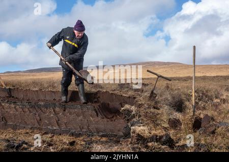 A turf cutter in the middle of the extensive peat bog on the edge of Wild Nephin National Park. He cuts his turf by hand, with a sléan. Stock Photo