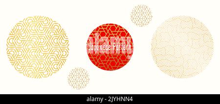 Japanese red gold pattern, New Year texture illustration, geometric icon set, line art background Stock Photo