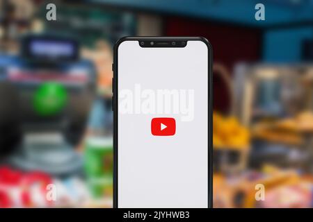 New York, USA - 1 September 2022: YouTube app on phone screen, Illustrative Editorial Stock Photo