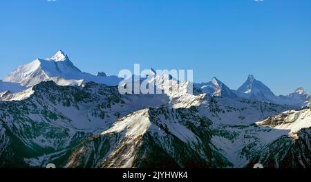 Valais Alps between Weisshorn and Matterhorn, view from Gemmipass, Switzerland, Leukerbad Stock Photo