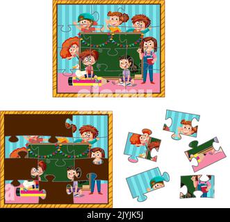 School kids photo puzzle game illustration Stock Vector