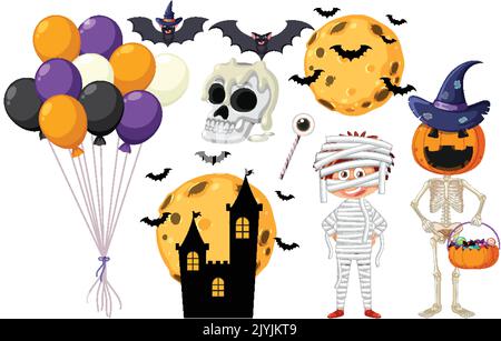 Set of halloween cartoon characters and elements illustration Stock Vector