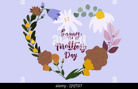 Mother's Day greeting card. Floral heart frame with lettering happy mother's day. Vector illustration. Stock Vector