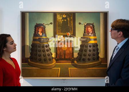 London, UK.  8 September 2022. Staff members view 'L'Apres Midi' by painter and illustrator Paul Slater at his new exhibition at the Catto Gallery in Hampstead which runs 8 to 26 September, with 30 works on show.  Credit: Stephen Chung / Alamy Live News Stock Photo