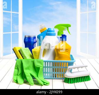 Cleaning products. Home concept and window background, Stock image