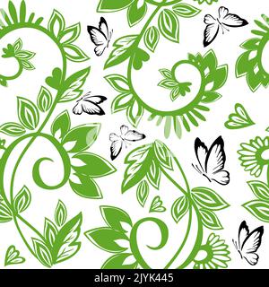 Seamless pattern with swirls and butterflies. Vector illustration Stock Vector