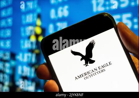 China. 25th July, 2022. In this photo illustration, the American clothing and accessories retailer American Eagle logo is displayed on a smartphone screen. (Credit Image: © Budrul Chukrut/SOPA Images via ZUMA Press Wire) Stock Photo