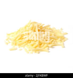 Pile of grated cheddar cheese isolated on white background cut out Stock Photo