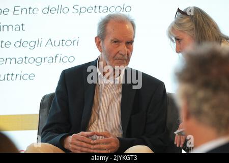 08 September 2022, Italy, Venedig: German director Edgar Reitz, known for his 'Heimat' series of films, sits on stage at the 75° Fondazione Ente del Spettacolo and Giornate degli Autori special award ceremony at the Excelsior Hotel. Photo: Stefanie Rex/dpa Stock Photo