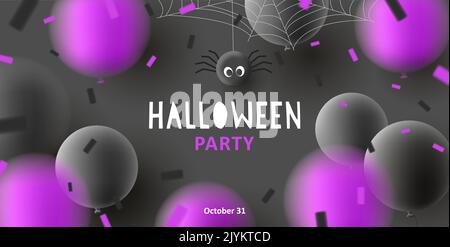 Halloween 3d balloons with scary faces and web spider Stock Vector