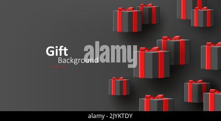 3d falling black gift boxes with red ribbons on black background Stock Vector