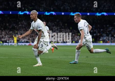 LONDON, ENGLAND - SEPTEMBER 07: Richarlison of Tottenham Hotspur celebrates with Dejan Kulusevski after scoring opening goal during the UEFA Champions Stock Photo