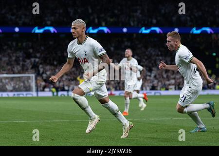 LONDON, ENGLAND - SEPTEMBER 07: Richarlison of Tottenham Hotspur celebrates with Dejan Kulusevski after scoring opening goal during the UEFA Champions Stock Photo