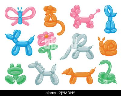 Balloon animals. Cartoon round toy animals, cute party decoration, various snake monkey horse dog colorful balloons. Vector children toy pet sculpture Stock Vector