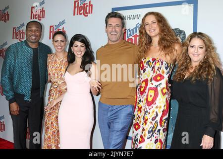 LOS ANGELES - SEP 7:  Roy Wood Jr, Lorenza Izzo, Ayden Mayeri, Jon Hamm, Anna Osceola, Annie Mumolo at the Confess, Fletch Premiere at The West Hollywood Edition Hotel on September 7, 2022 in West Hollywood, CA (Photo by Katrina Jordan/Sipa USA) Stock Photo