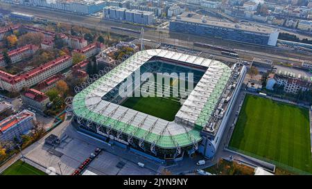 NOVEMBER 20, 2021, Vienna, Austria : Allianz Stadion is new stadium of SK Rapid Wien. Replaces the old Gerhard Hanappi Stadion. Aerial view of Allianz Stock Photo
