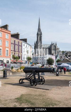 Cobh Cathedral, known as St Colman's Cathedral is the tallest church in Ireland,& its high spire landmark overlooks the the town & seaport. Stock Photo